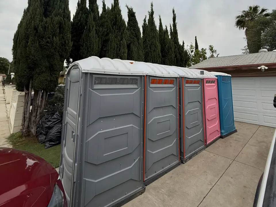 Row of gray, pink and blue porta potties lined up along a home driveway